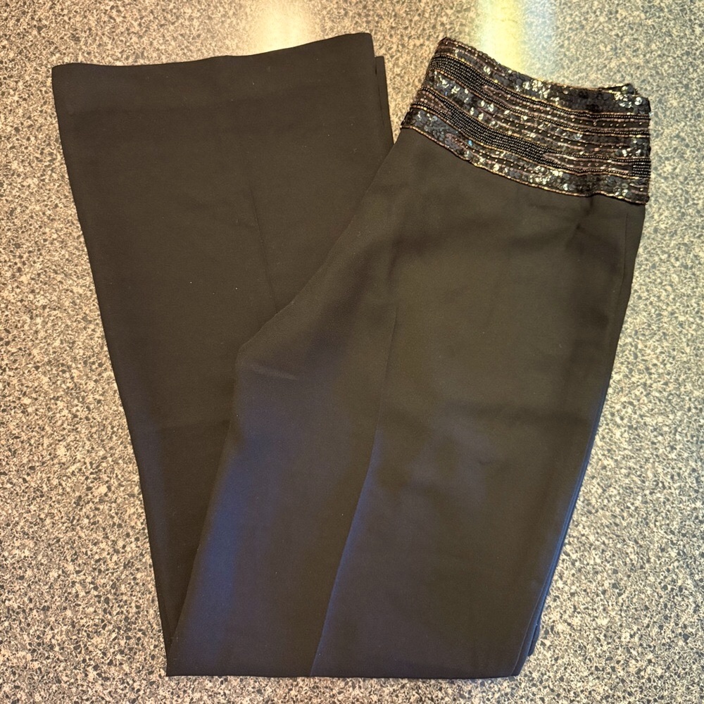 “CACHE” Crepe Pant with Gold Sequin Trim